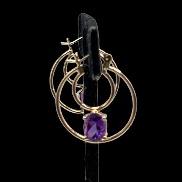 14k Solid Gold Amethyst Double Hoop  Earrings - Picture 12 of 15